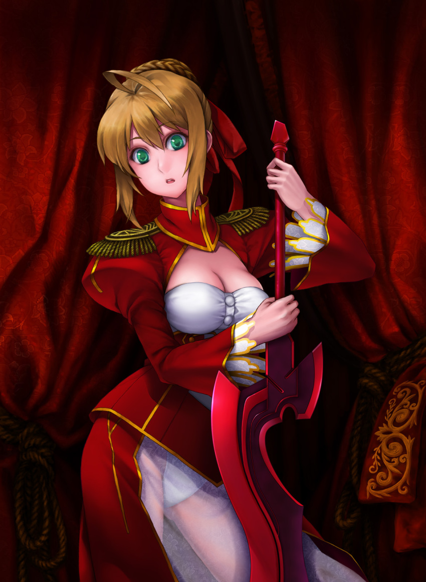 ahoge, blonde_hair, breasts, cleavage, dress, epaulettes, fate/extra, fate/stay_night