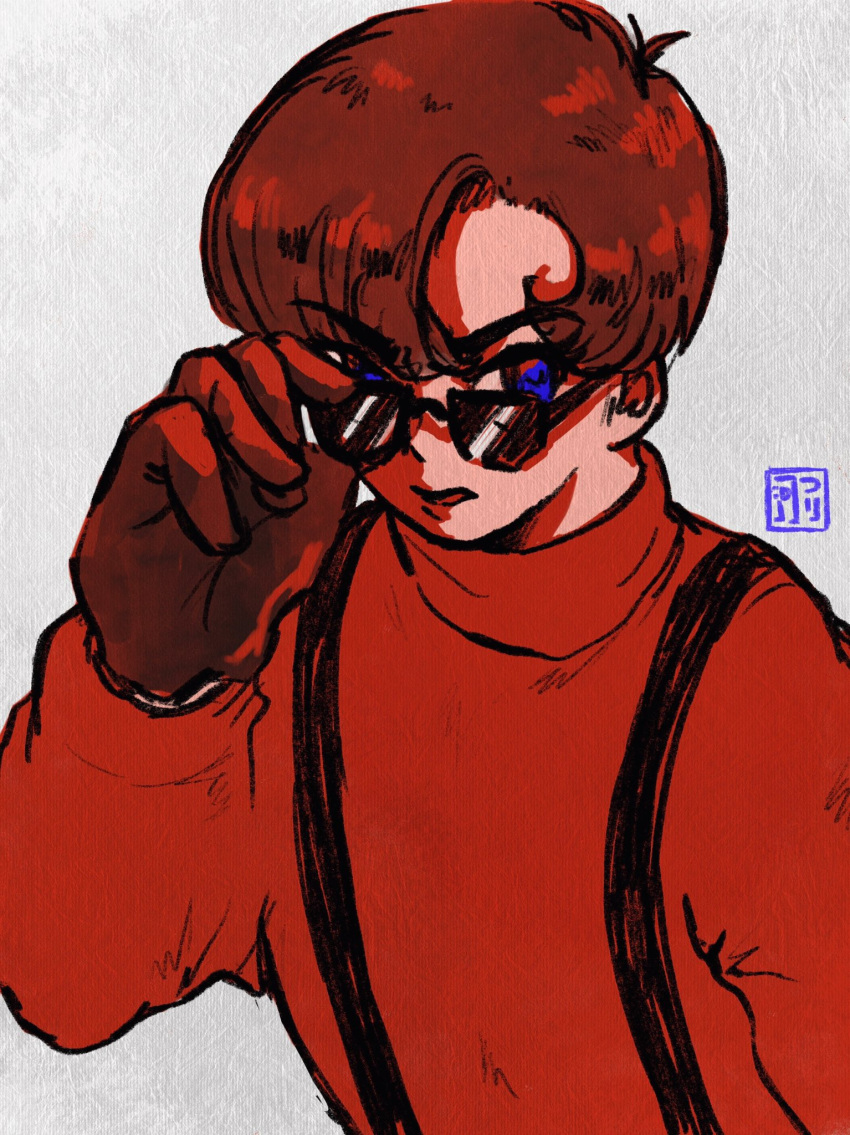 1boy, adjusting_eyewear, artist_logo, blue_eyes, brown_gloves, brown_hair, gloves, grey_background