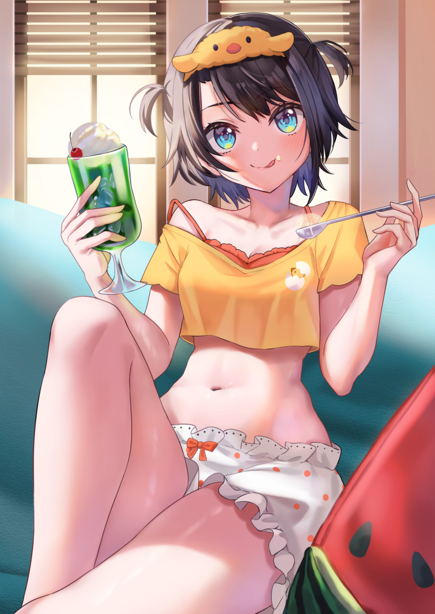1girl, aqua_eyes, arenoyoni, bloomers, brown_hair, crop_top, food, food_on_face, highres, hololive, ice_cream, ice_cream_float, ice_cream_spoon, licking_lips, looking_at_viewer, midriff, navel, oozora_subaru, oozora_subaru_(loungewear), short_hair, sitting, solo, spoon, strap_slip, thighs, tongue, tongue_out, two_side_up, virtual_youtuber