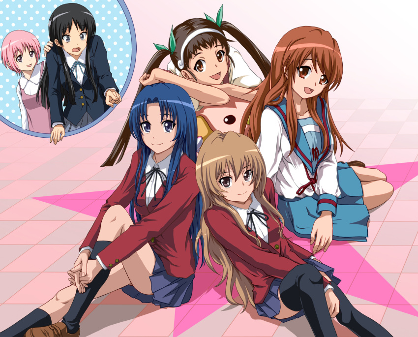 akiyama_mio, asahina_mikuru, bakemonogatari, black_hair, black_legwear, black_thighhighs, blue_hair, brown_hair