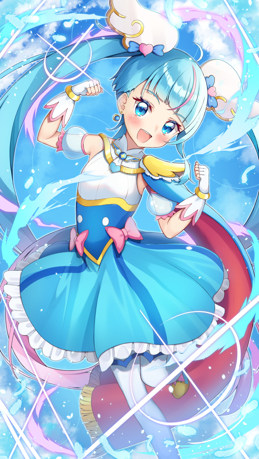 1girl, absurdres, blue_dress, blue_eyes, blue_hair, blue_sky, bow, brooch
