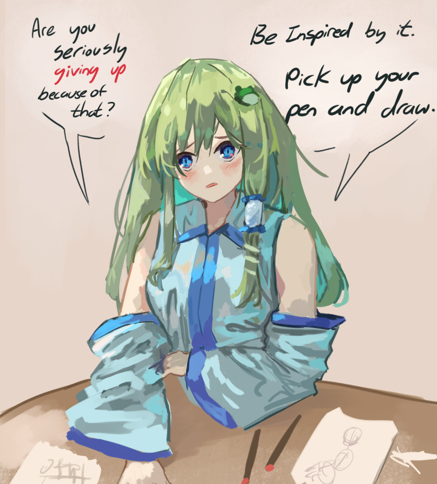1girl, blue_eyes, blush, commentary, detached_sleeves, drawing_(object), english_commentary, english_text