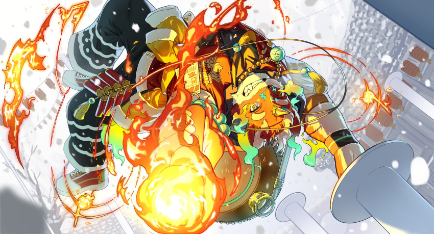 acrobatics, drum, drumsticks, fire, firecrackers, highres, instrument, kiekoio