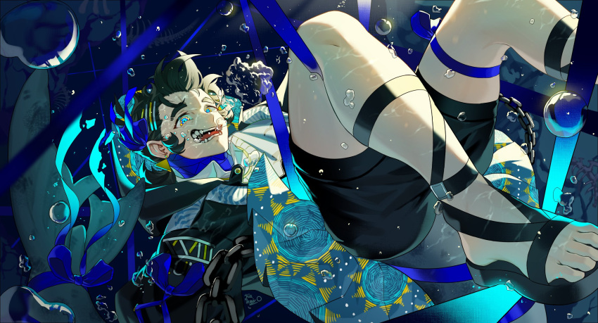 air_bubble, asphyxiation, blue_ribbon, bubble, chain, crazy, drowning, fang