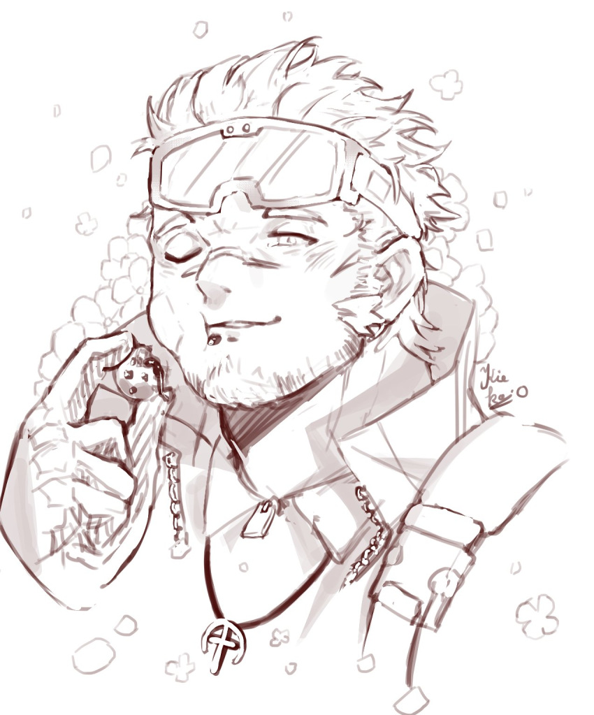 blush, chocolate, cross, cross_necklace, flower, happy, highres, jacob_(housamo)