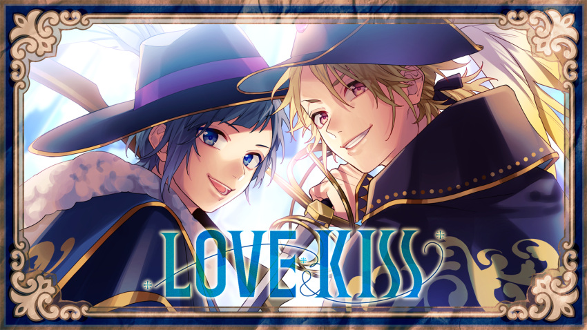 2boys, blonde_hair, blue_border, blue_cloak, blue_eyes, blue_headwear, border, brown_border