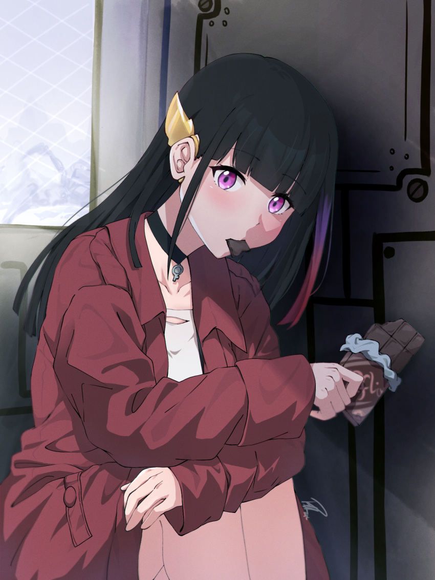 1girl, black_choker, black_hair, blunt_bangs, candy, chocolate, chocolate_bar, choker