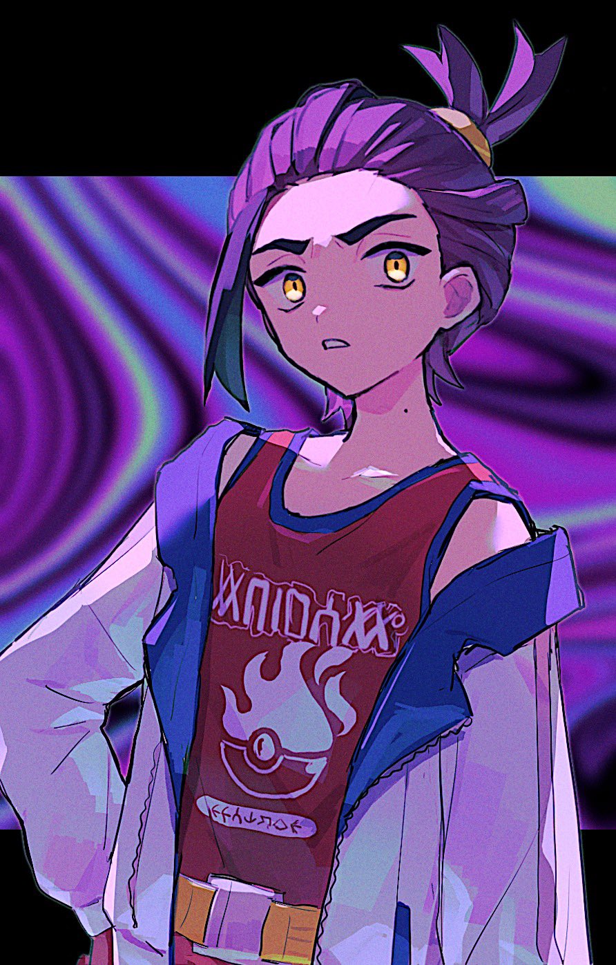 1boy, belt, hand_on_own_hip, highres, jacket, kieran_(pokemon), long_sleeves, looking_at_viewer