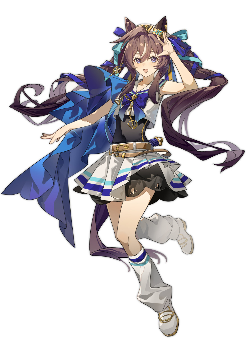 1girl, :d, absurdres, animal_ears, belt, blue_eyes, brown_belt, brown_hair