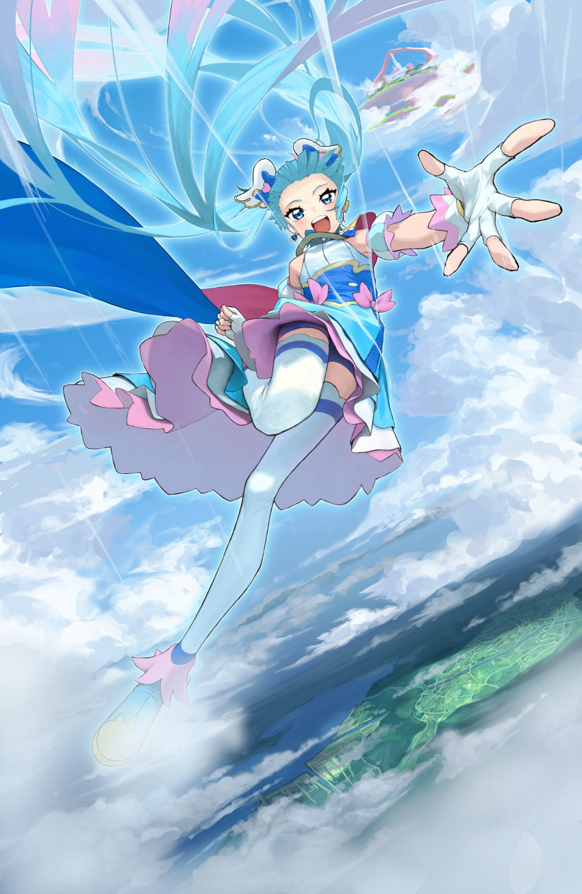 1girl, absurdres, bare_shoulders, blue_eyes, clouds, cure_sky, dress, dutch_angle