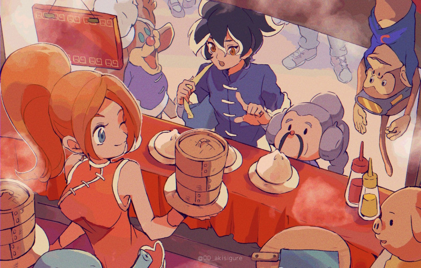 00_akishigure, 1girl, 3boys, bamboo_steamer, black_hair, blue_eyes, blue_shirt, chef_hat