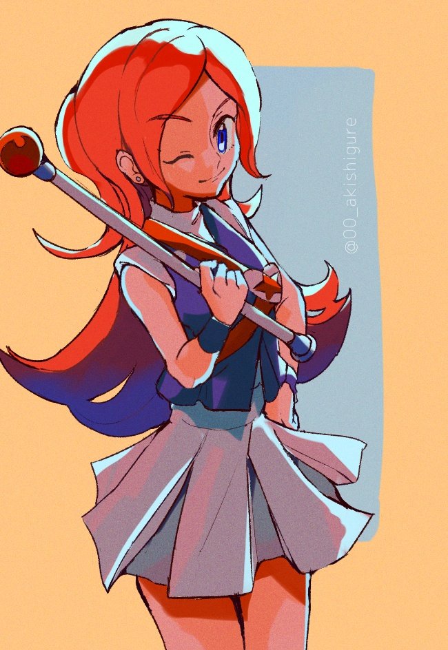 00_akishigure, 1girl, baton, blue_shirt, blue_wristband, cheerleader, hand_on_own_hip, long_hair, looking_at_viewer, miniskirt, mona_(warioware), one_eye_closed, orange_hair, pleated_skirt, shirt, skirt, sleeveless, sleeveless_shirt, smile, warioware, white_skirt, wristband