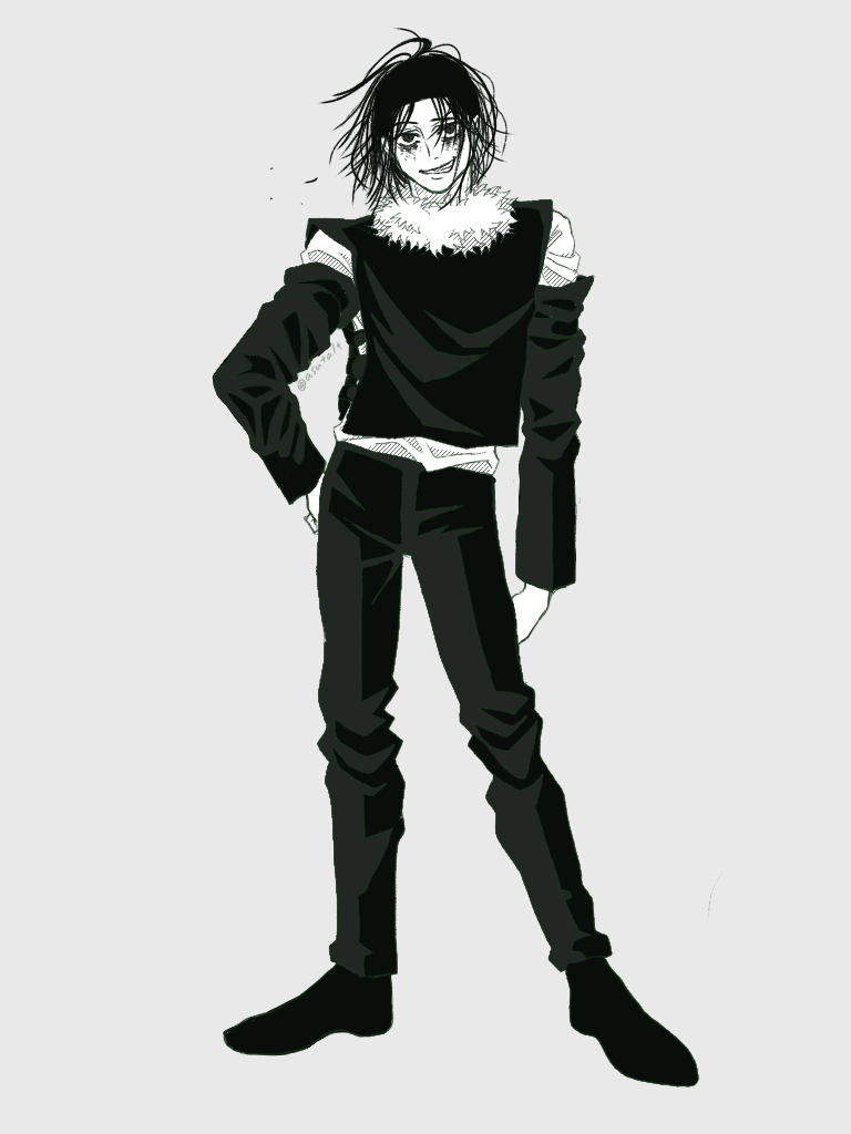 1boy, arm_at_side, asutalt, detached_sleeves, full_body, fur_trim, greyscale, hand_on_own_hip