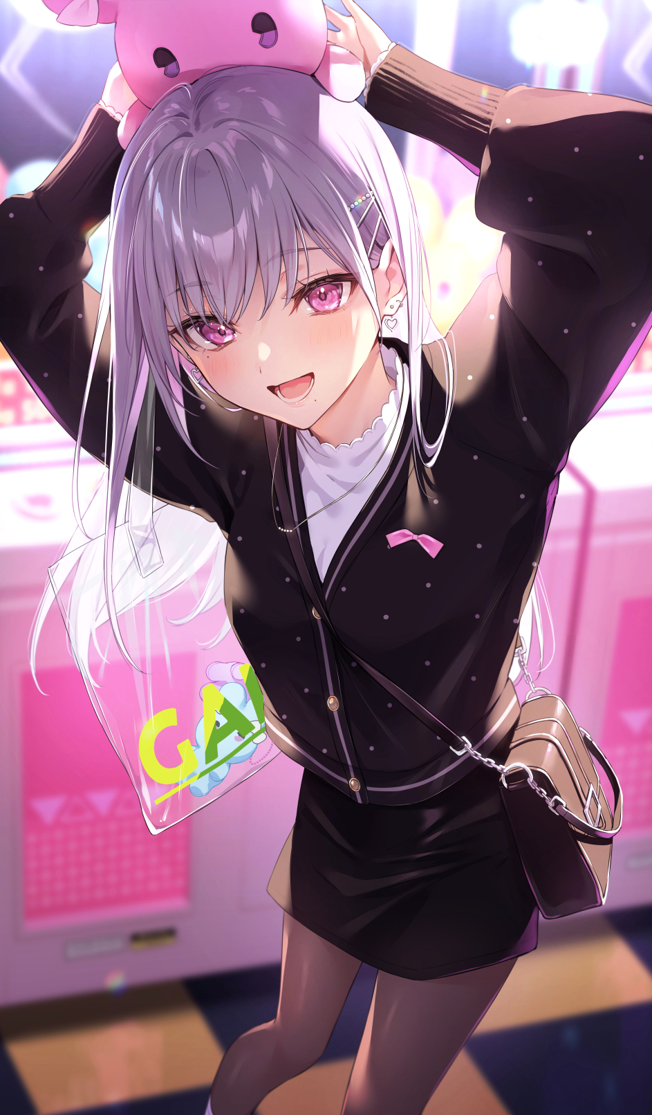 1girl, arms_up, bag, black_cardigan, blush, brown_bag, cardigan, crane_game