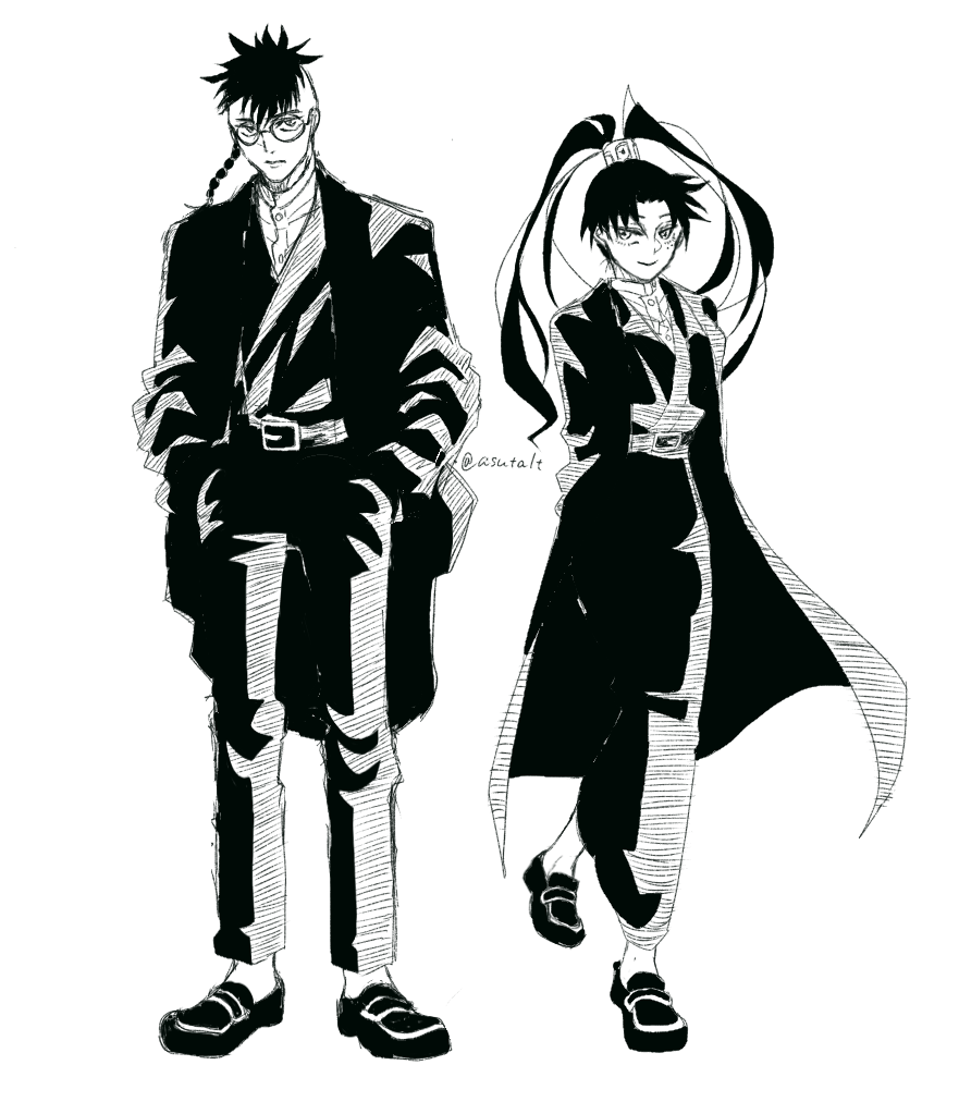 1boy, 1girl, arms_behind_back, artist_name, asutalt, belt, braid, glasses, greyscale, hagiwara_ikuto, hands_in_pockets, harima_shiyumi, kagurabachi, long_hair, looking_at_viewer, mole, mole_under_eye, monochrome, pants, shoes, smile, split_ponytail, standing