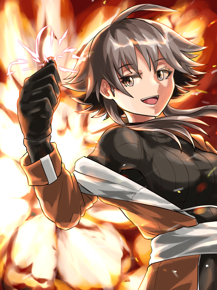 1girl, absurdres, ahoge, arknights, belt, bite_the_dust_(jojo), black_gloves, black_sweater