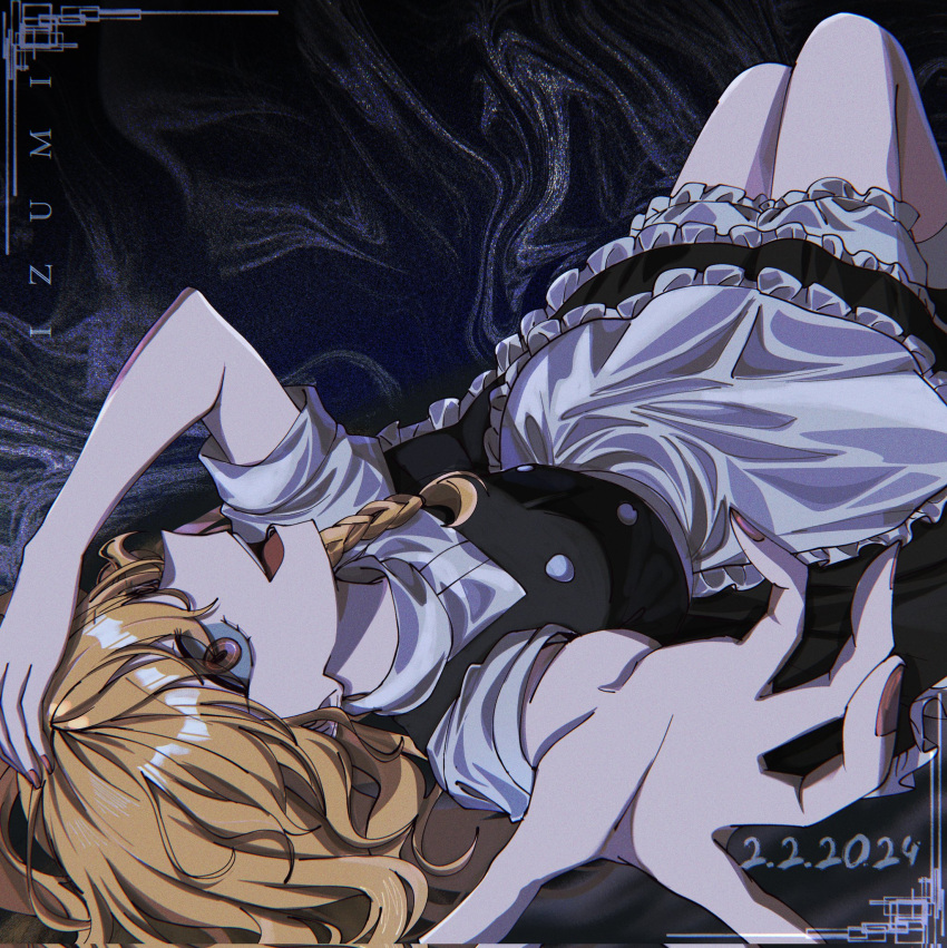 1girl, apron, artist_name, black_jacket, black_skirt, blonde_hair, bloomers, blue_background, dated, highres, izumi_481, jacket, kirisame_marisa, looking_at_viewer, looking_back, lying, on_back, skirt, smile, solo, touhou, white_apron, white_background, white_bloomers, yellow_eyes