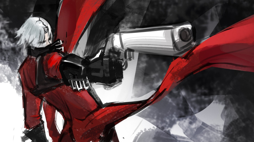 1boy, black_gloves, canghai, coat, dante_(devil_may_cry), devil_may_cry_(series), devil_may_cry_2, gloves, gun, highres, holding, holding_gun, holding_weapon, male_focus, pointing_gun, red_coat, solo, weapon, white_hair