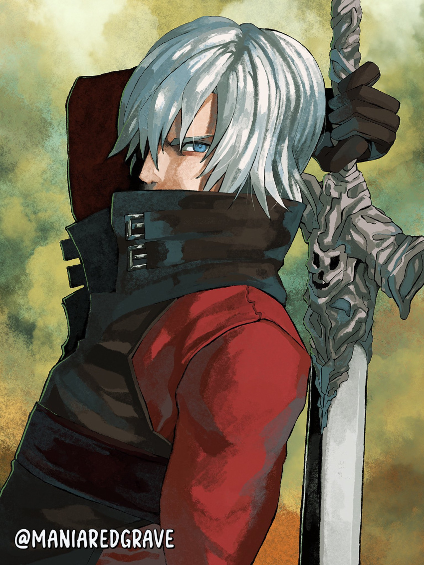 1boy, black_gloves, blue_eyes, dante_(devil_may_cry), devil_may_cry_(series), devil_may_cry_2, gloves, hair_over_one_eye, highres, holding, holding_sword, holding_weapon, juliewithaxe, male_focus, rebellion_(sword), solo, sword, weapon, weapon_on_back, white_hair
