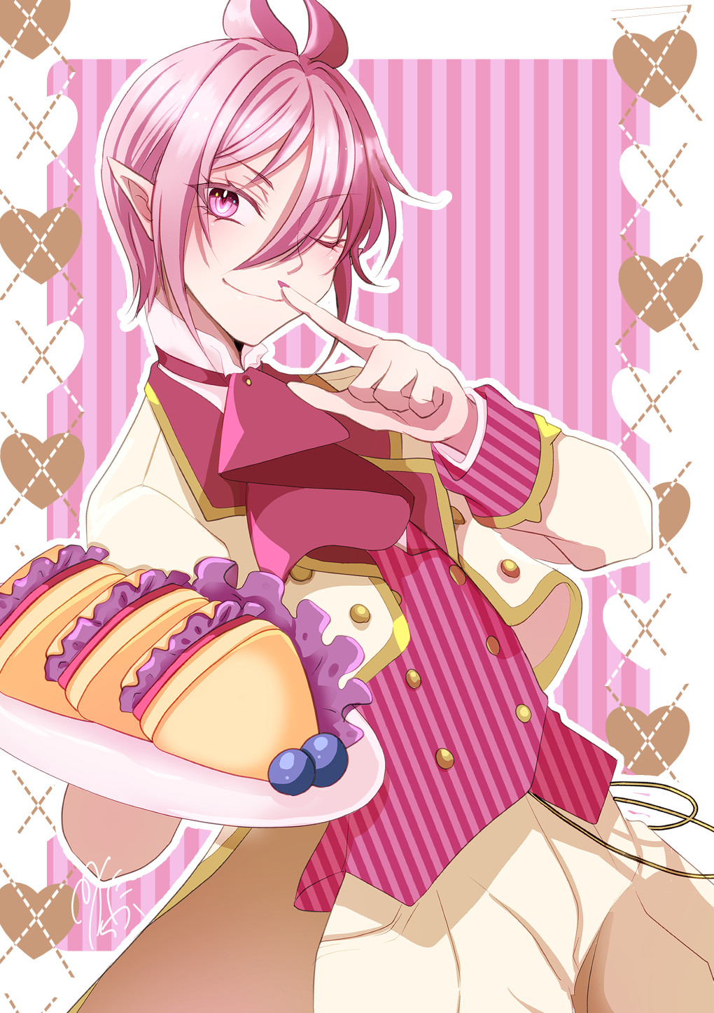 1boy, ascot, asmodeus_alice, food, hair_between_eyes, hand_up, heart, highres, holding, holding_food, ichika392, jacket, mairimashita!_iruma-kun, one_eye_closed, pink_ascot, pink_background, pink_hair, pointing, pointy_ears, short_hair, smile, solo, standing, striped_clothes, striped_vest, vest