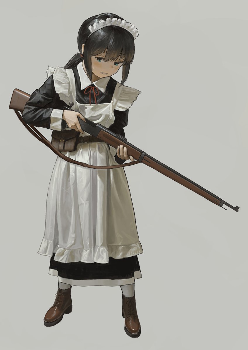 1girl, annoyed, black_hair, black_shirt, blue_eyes, bolt_action, commission, dress