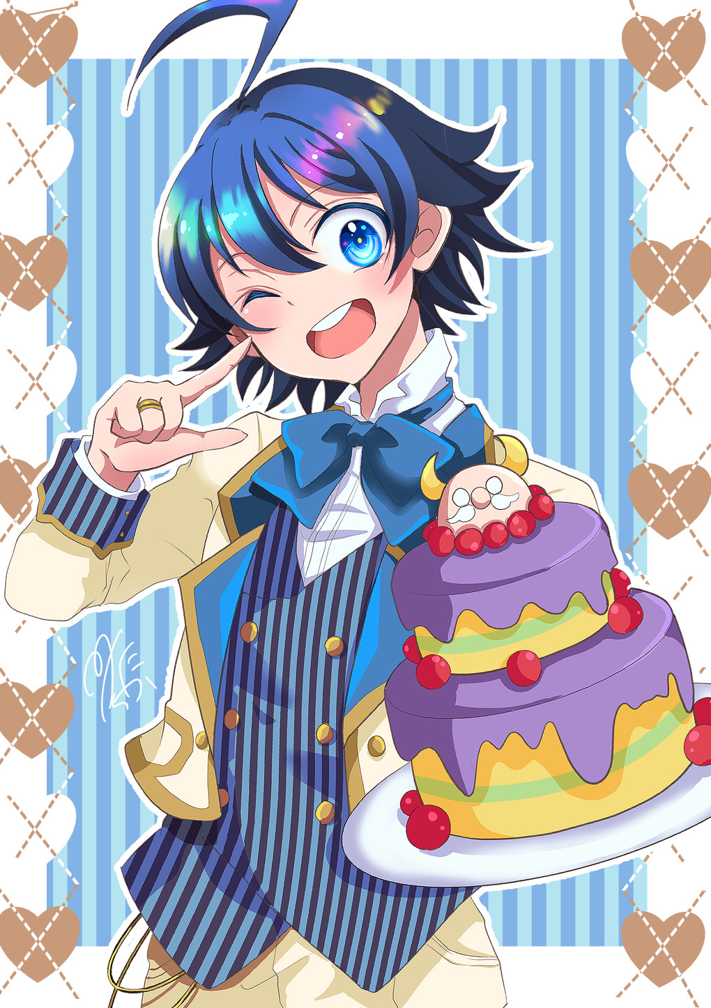 1boy, ;d, ahoge, blue_bow, blue_eyes, blue_hair, bow, cake