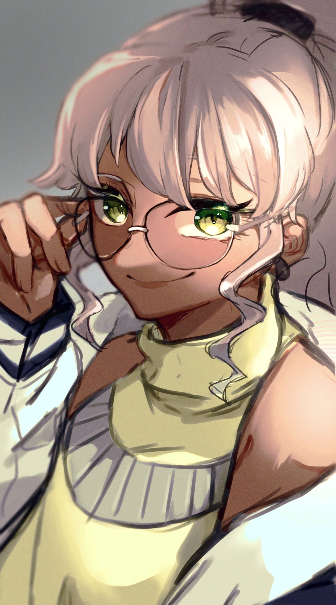 adjusting_eyewear, dark_skin, dress, ear_piercing, eyelashes, green_eyes, grey_hair, hair_ornament