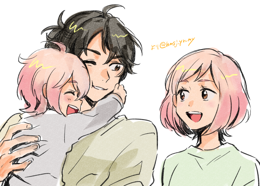 1boy, 2girls, :d, ;), aragaki_jotaro, aragaki_rei, aragaki_tomoyo, black_hair
