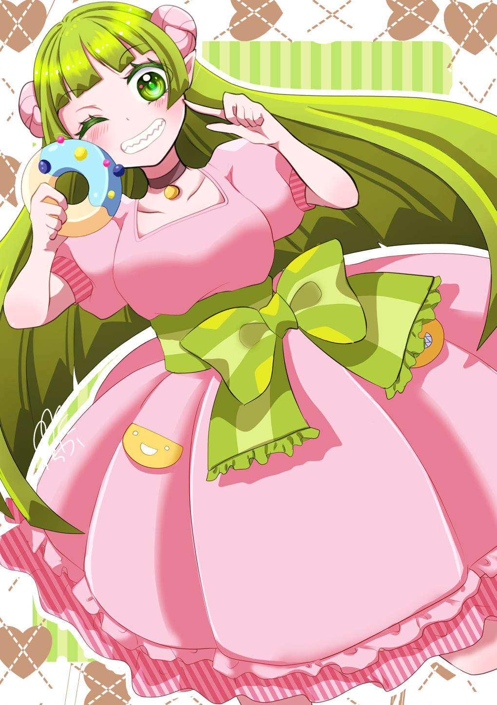 1girl, blush, bow, choker, demon_girl, doughnut, dress, food, green_bow, green_eyes, green_hair, hands_up, highres, holding, holding_food, horns, ichika392, long_hair, looking_at_viewer, mairimashita!_iruma-kun, pink_dress, pocket, pointy_ears, puffy_short_sleeves, puffy_sleeves, sharp_teeth, short_sleeves, smile, solo, teeth, valac_clara