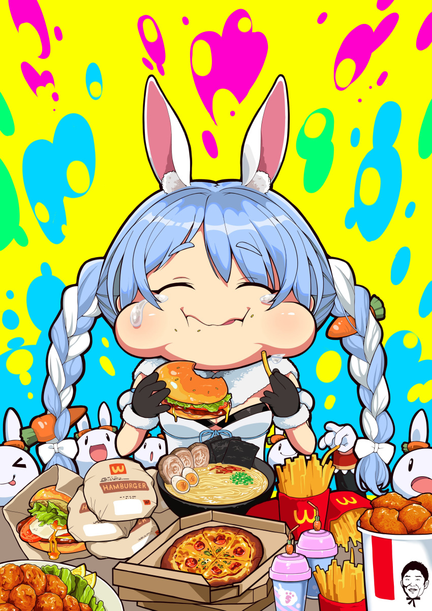 >_<, 1girl, 5others, absurdres, animal_ears, black_gloves, blue_hair, bow, braid, burger, carrot_hair_ornament, commentary_request, eating, egg, food, food-themed_hair_ornament, food_on_face, french_fries, fried_chicken, fur-trimmed_gloves, fur_trim, gloves, hair_bow, hair_ornament, highres, holding, holding_food, hololive, kfc, logo_parody, mcdonald's, multiple_others, nabenabe3104, noodles, pekomon_(usada_pekora), pizza, plate, rabbit_ears, rabbit_girl, seaweed, tears, twin_braids, udon, usada_pekora, virtual_youtuber, wcdonald's, white_hair, yagoo