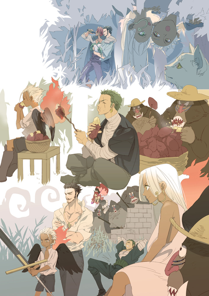 2girls, 4boys, baboon, bandages, black_hair, black_shirt, black_wings, bottle, cat, closed_mouth, cross, cross_necklace, crossed_arms, crossed_legs, dark_skin, dracule_mihawk, dress, drinking, earrings, eating, facial_hair, fire, goatee, green_eyes, green_hair, hat, holding, holding_bottle, holding_stick, holding_sword, holding_umbrella, holding_weapon, jewelry, long_hair, multiple_boys, multiple_girls, mustache, necklace, one_piece, open_mouth, perona, pink_hair, potato, qkix, redhead, roasting, roronoa_zoro, s-hawk, s-snake, scar, scar_across_eye, seraphim_(one_piece), shanks_(one_piece), sharp_teeth, shirt, short_hair, sitting, sleeveless, sleeveless_dress, smile, snake_earrings, stick, straw_hat, sword, teeth, umbrella, weapon, white_dress, white_hair, white_shirt, wings, yellow_eyes, yoru_(sword)