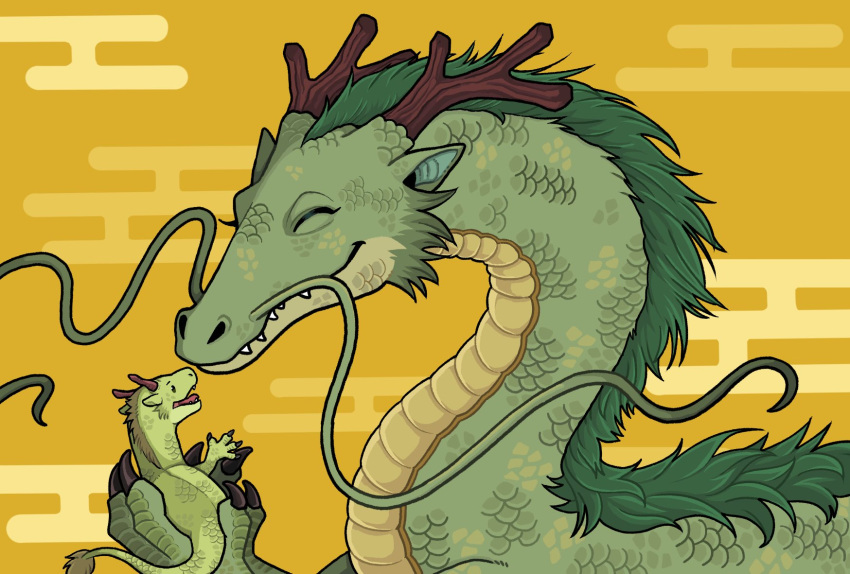 antlers, chinese_zodiac, claws, closed_eyes, closed_mouth, dragon, eastern_dragon, egasumi, facing_another, green_scales, hands_up, highres, holding_baby, horns, new_year, no_humans, original, riokku_heya, scales, sharp_teeth, smile, teeth, upper_body, whiskers, year_of_the_dragon, yellow_background