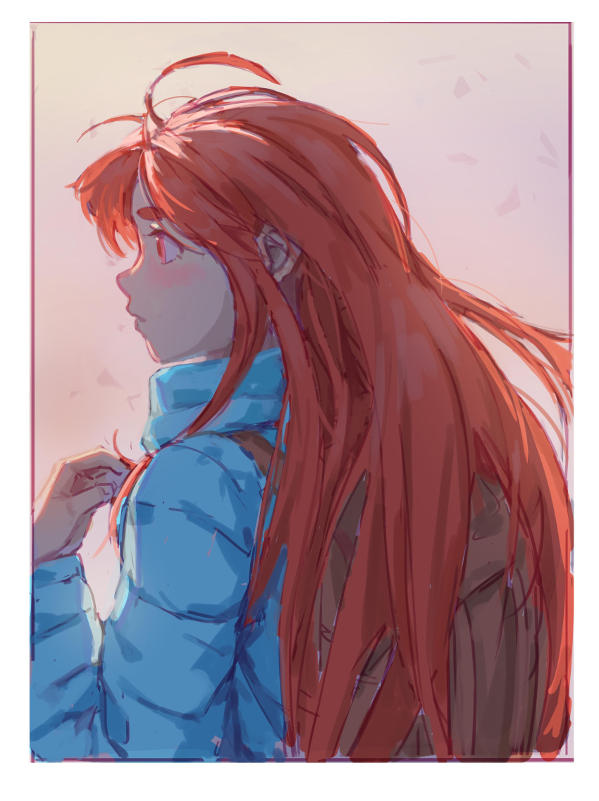 1girl, absurdres, ahoge, backpack, bag, blue_jacket, border, celeste_(video_game)