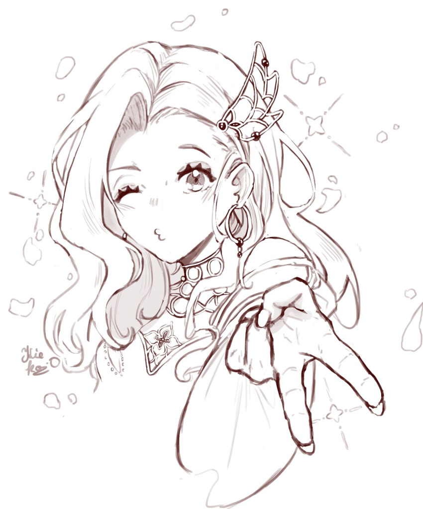 anna_(live_a_hero), curly_hair, earrings, flower, hair_ornament, highres, jewelry, kiekoio, live_a_hero, one_eye_closed, sketch, sparkle, tiny_stars, v, white_background, wide_sleeves