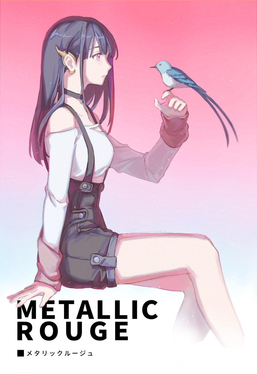 1girl, absurdres, animal_request, bird, bird_on_hand, black_choker, black_hair, black_shorts