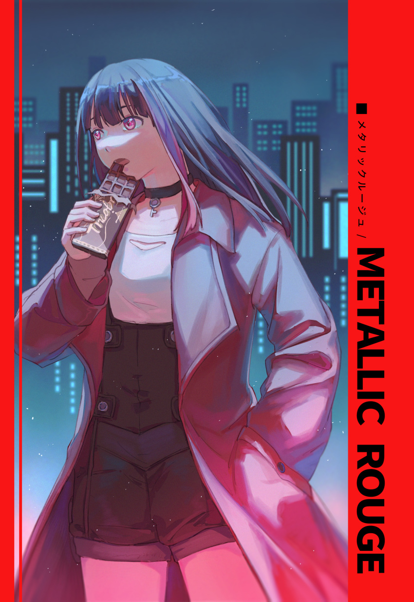 1girl, absurdres, black_choker, black_hair, black_overalls, black_shorts, blunt_bangs, candy