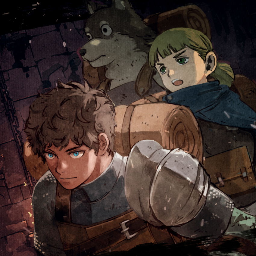 3boys, absurdres, armor, backpack, bag, belt, black_hair, blue_cloak