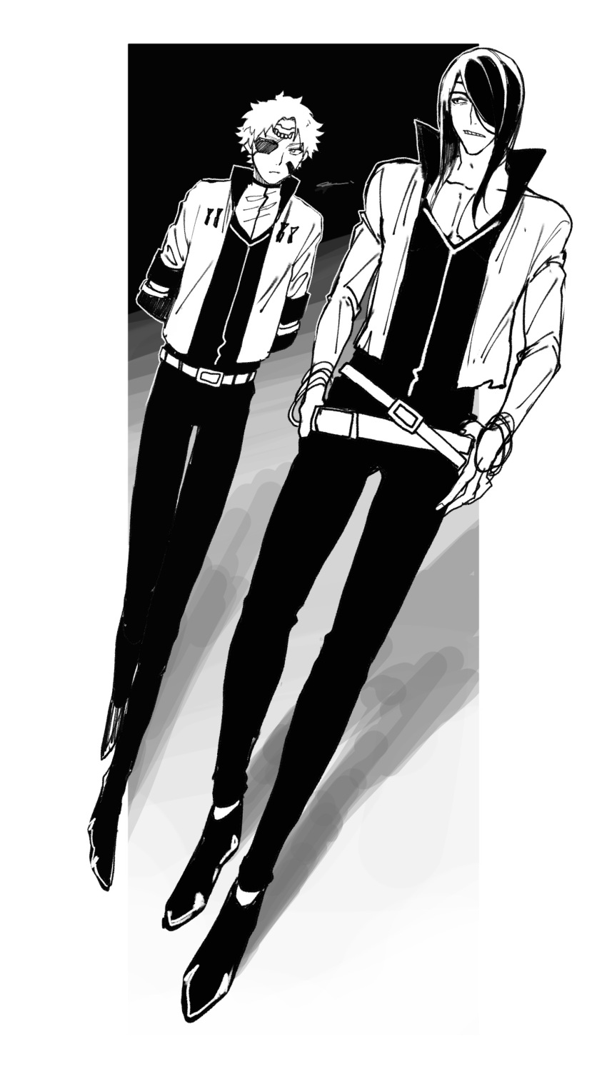 2boys, a_nzi_end, absurdres, alternate_costume, arms_behind_back, arrancar, belt, bleach, border, bracelet, collarbone, dutch_angle, eyepatch, facial_mark, full_body, greyscale, hair_over_one_eye, hand_in_pocket, high_collar, highres, jacket, jewelry, long_hair, long_sleeves, male_focus, monochrome, multiple_belts, multiple_boys, nnoitra_gilga, open_clothes, open_jacket, parted_lips, shadow, signature, swept_bangs, teeth, tesra_lindocruz