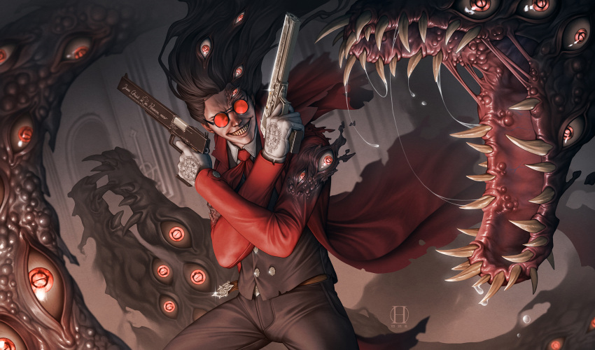 1boy, alucard_(hellsing), artist_logo, black_hair, coat, commentary, dated, english_commentary