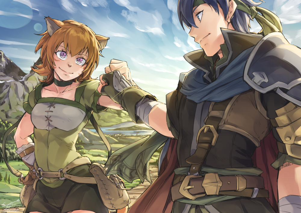 1boy, 1girl, armor, bandana, belt, belt_buckle, black_hair, blonde_hair
