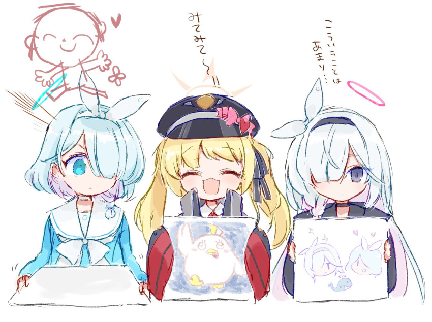 3girls, arona_(blue_archive), az79709363, black_choker, black_hairband, black_headwear, black_sailor_collar, blonde_hair
