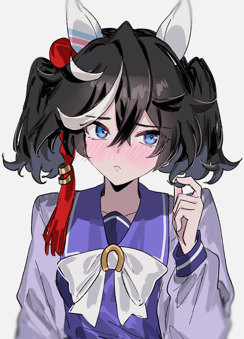 1girl, alternate_hairstyle, animal_ears, black_hair, blue_eyes, blush, bow, closed_mouth