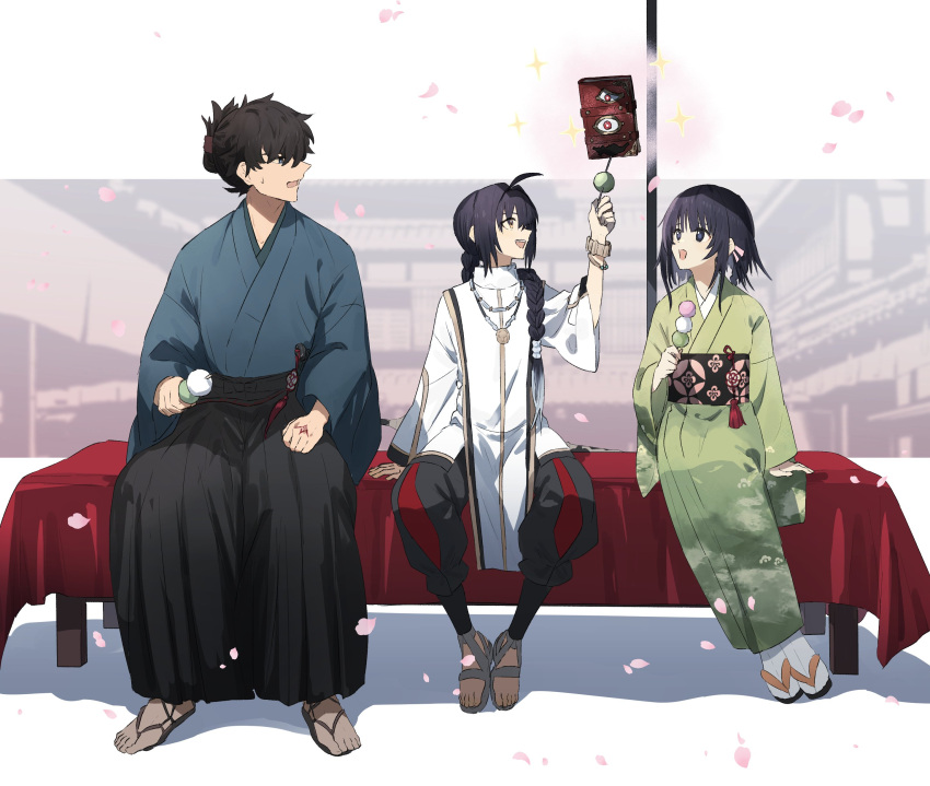1boy, 1girl, 1other, absurdres, ahoge, amulet, androgynous, black_hair