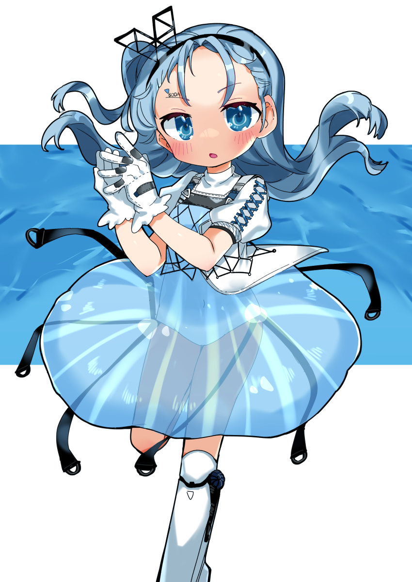 1girl, ads_(girls'_frontline), blue_eyes, blue_hair, dress, girls_frontline, gloves, headband, highres, kotobacchi-jp, power_symbol-shaped_pupils, puffy_short_sleeves, puffy_sleeves, see-through, see-through_dress, short_sleeves, solo