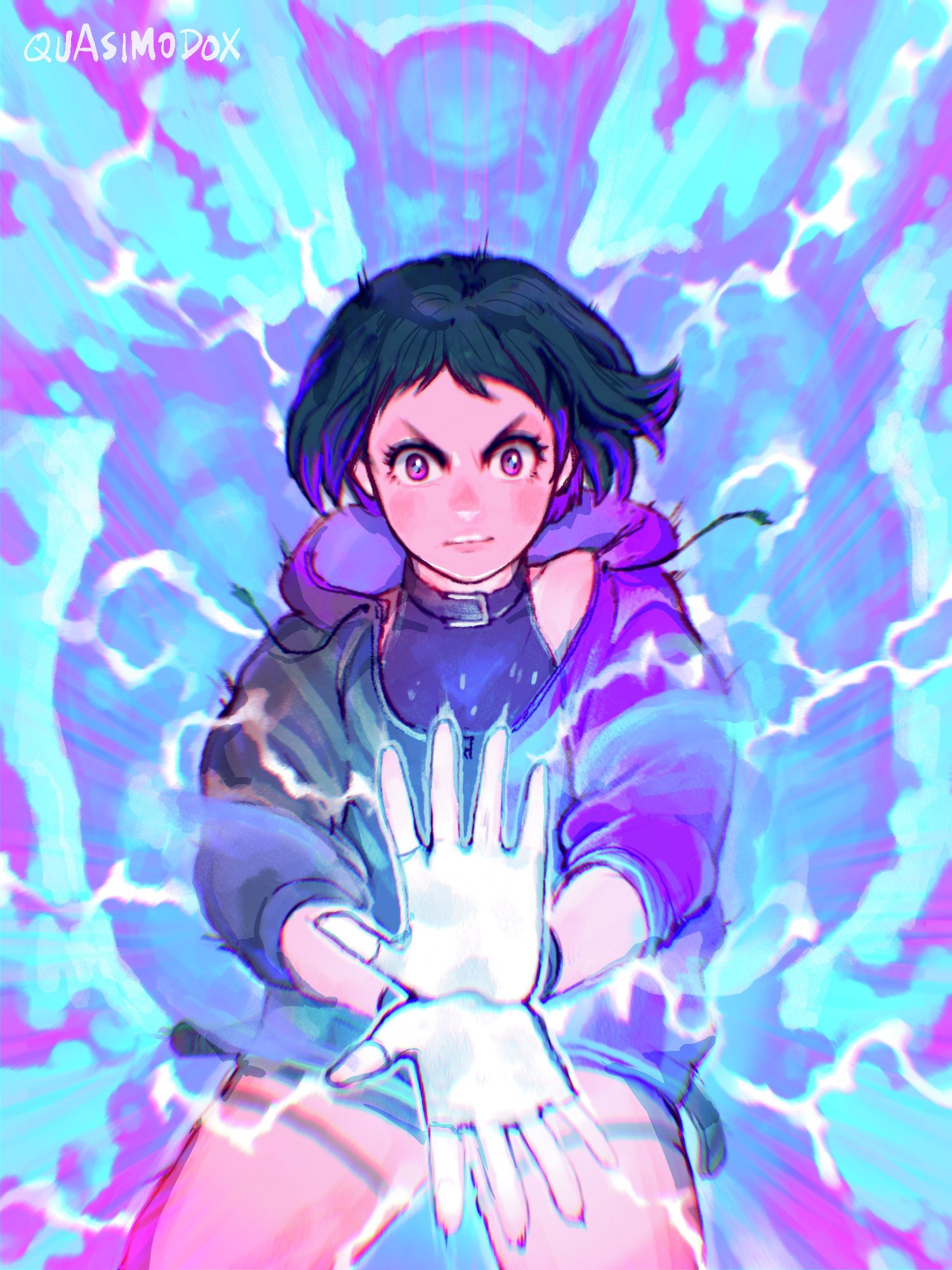 1girl, artist_name, black_hair, black_jacket, dragon_ball, electricity, father-son_kamehameha, highres