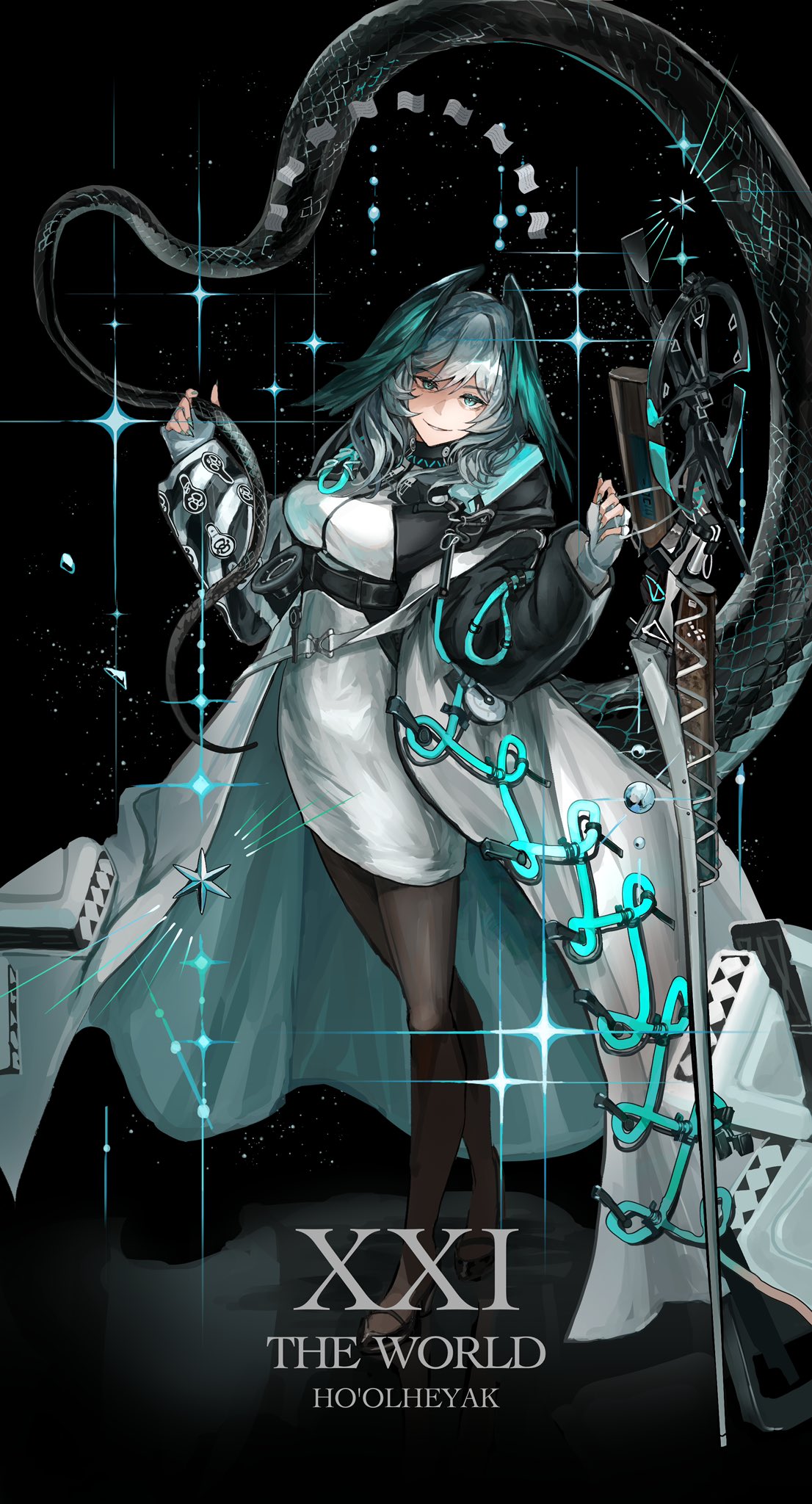 1girl, aqua_nails, arknights, black_pantyhose, blue_eyes, breasts, character_name, coat