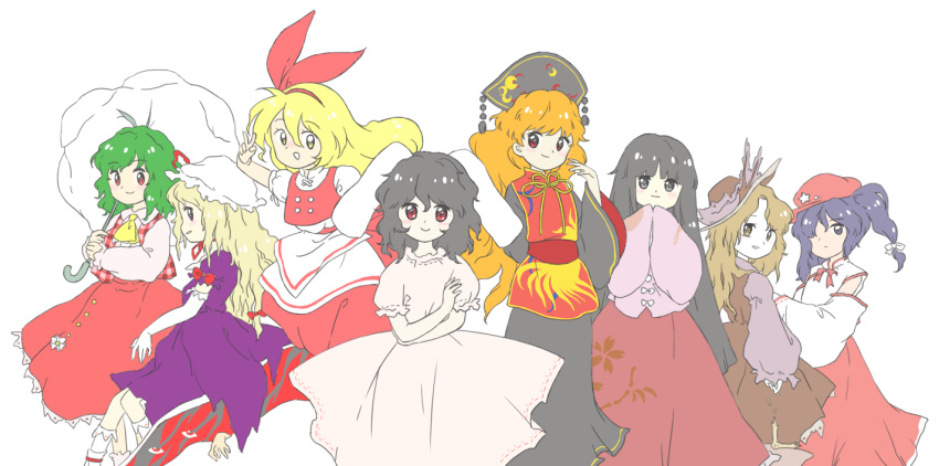 6+girls, animal_ears, apron, ascot, black_eyes, black_hair, blonde_hair, blue_eyes