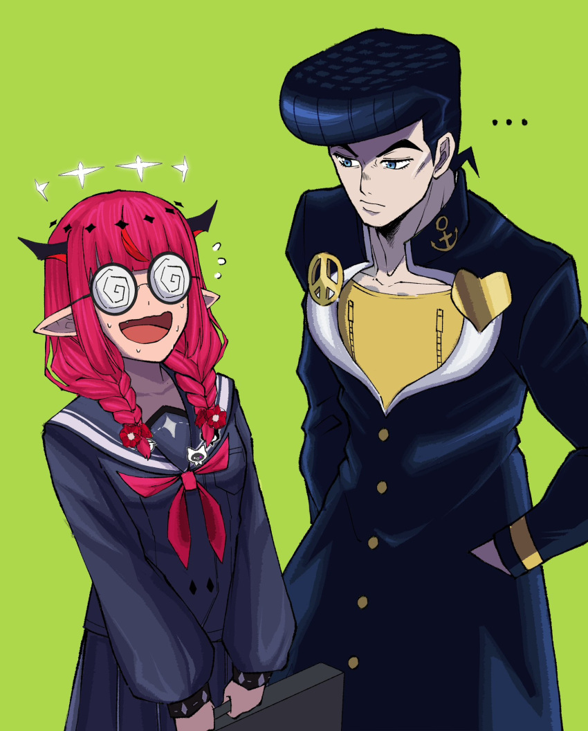 ..., 1boy, 1girl, anchor_ornament, anchor_symbol, black_horns, black_pants, black_serafuku