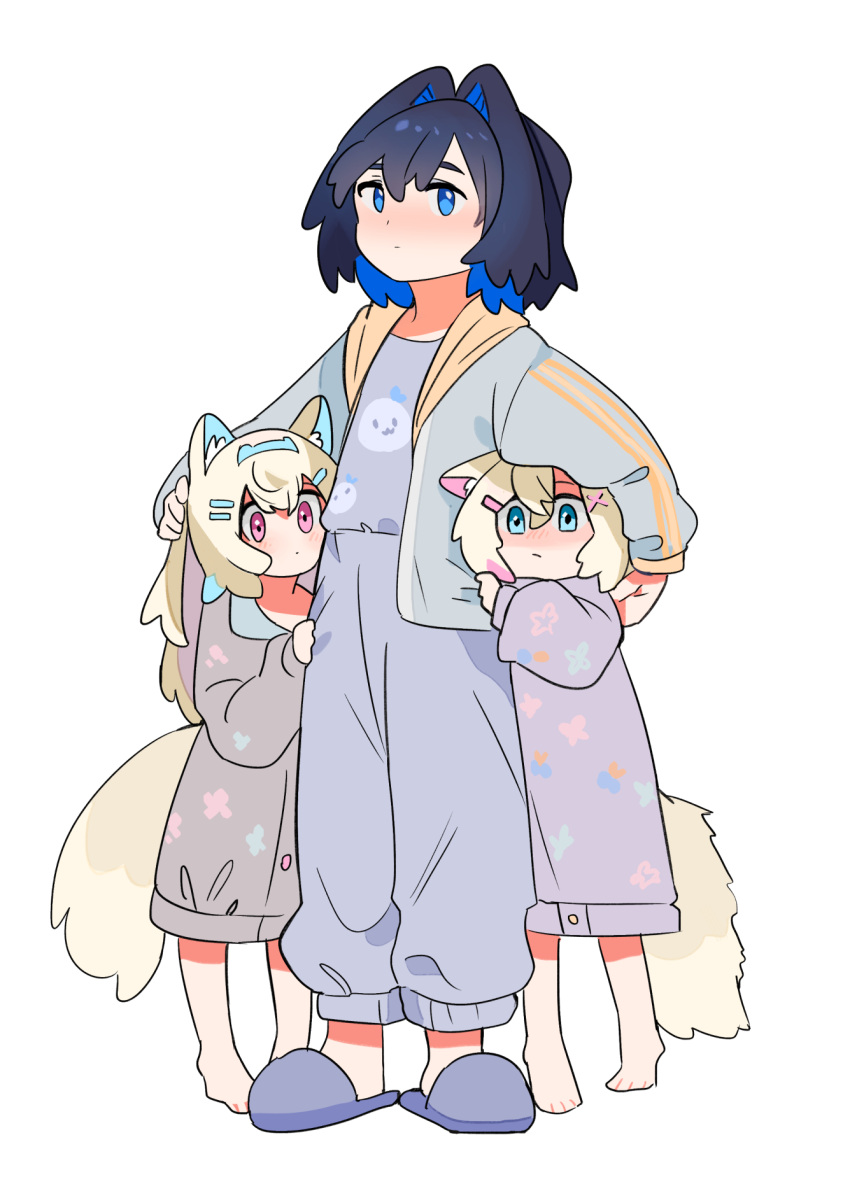 3girls, aged_down, animal_ear_fluff, animal_ears, barefoot, black_hair, blonde_hair, blue_eyes, blue_hair, blue_hairband, blue_jacket, blue_pants, blue_shirt, blush, closed_mouth, colored_inner_hair, commentary, dog_ears, dog_girl, dog_tail, dress, feet, fongban_illust, fuwawa_abyssgard, grey_dress, hair_between_eyes, hair_intakes, hair_ornament, hairband, hairclip, height_difference, highres, hololive, hololive_english, jacket, long_hair, long_sleeves, looking_at_viewer, mococo_abyssgard, multicolored_hair, multiple_girls, open_clothes, open_jacket, ouro_kronii, pajamas, pants, pink_eyes, pink_hair, purple_dress, shirt, short_hair, simple_background, sleepwear, slippers, standing, streaked_hair, symbol-only_commentary, tail, two-tone_hair, virtual_youtuber, white_background, x_hair_ornament
