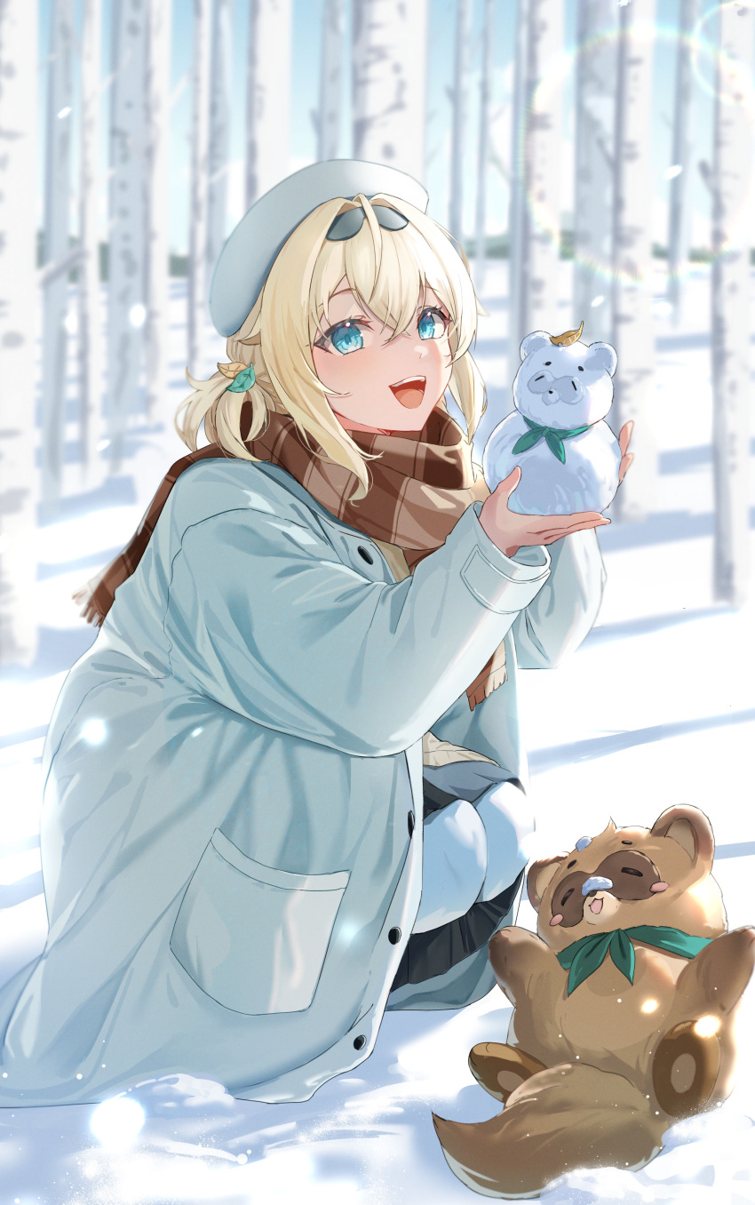 1girl, :d, absurdres, almico, alternate_hairstyle, bare_tree, beret, black_skirt, blonde_hair, blue_eyes, brown_scarf, checkered_clothes, checkered_scarf, coat, commentary_request, crossed_bangs, hair_between_eyes, hair_ornament, hat, highres, holding_snowman, hololive, kazama_iroha, leaf_hair_ornament, long_hair, long_sleeves, looking_at_viewer, low_twintails, open_clothes, open_coat, outdoors, pants, pokobee, scarf, short_twintails, skirt, sky, smile, snow, snowing, solo, squatting, tanuki, teeth, tree, twintails, upper_teeth_only, virtual_youtuber, white_coat, white_headwear, white_pants, winter, winter_clothes